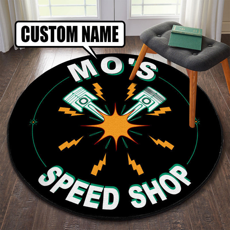 Personalized Speed Shop Garage Decor, Home Bar Decor Hot Rod Round Mat