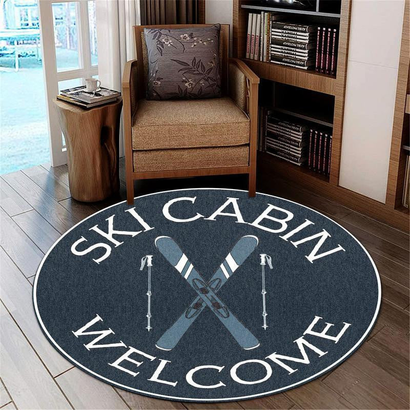 Ski Cabin Welcome Round Mat Round Floor Mat Room Rugs Carpet Outdoor Rug Washable Rugs