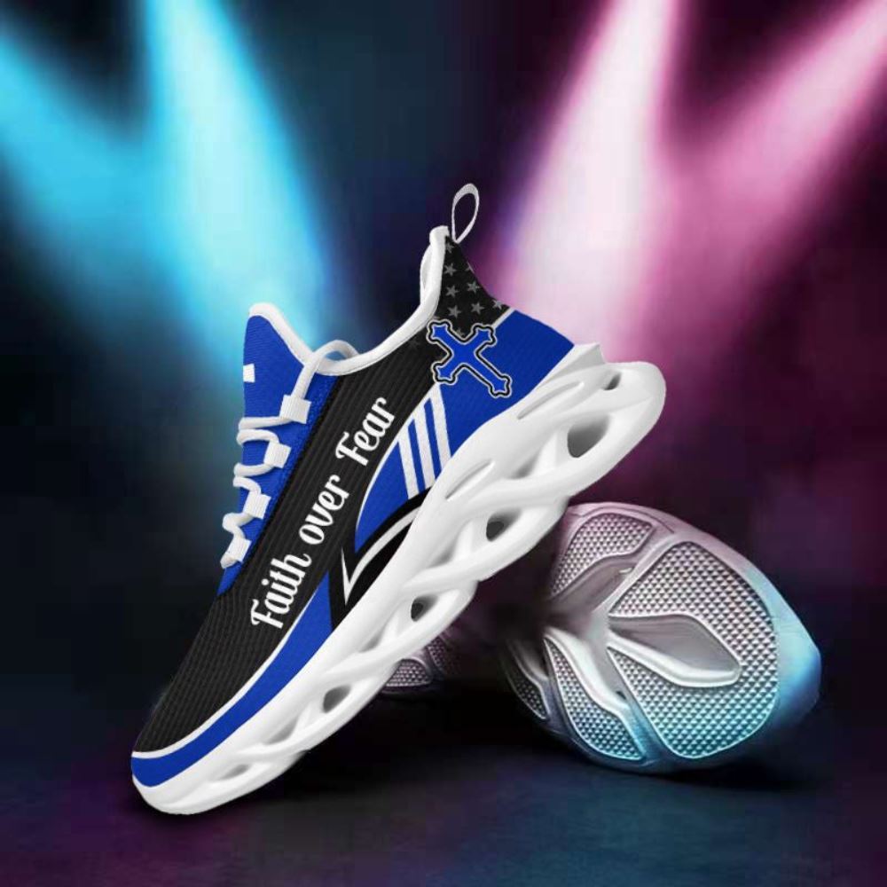 Christian Best Running Shoes, Blue Jesus Faith Over Fear Running Sneakers Max Soul Shoes For Men And Women, Jesus Fashion Shoes