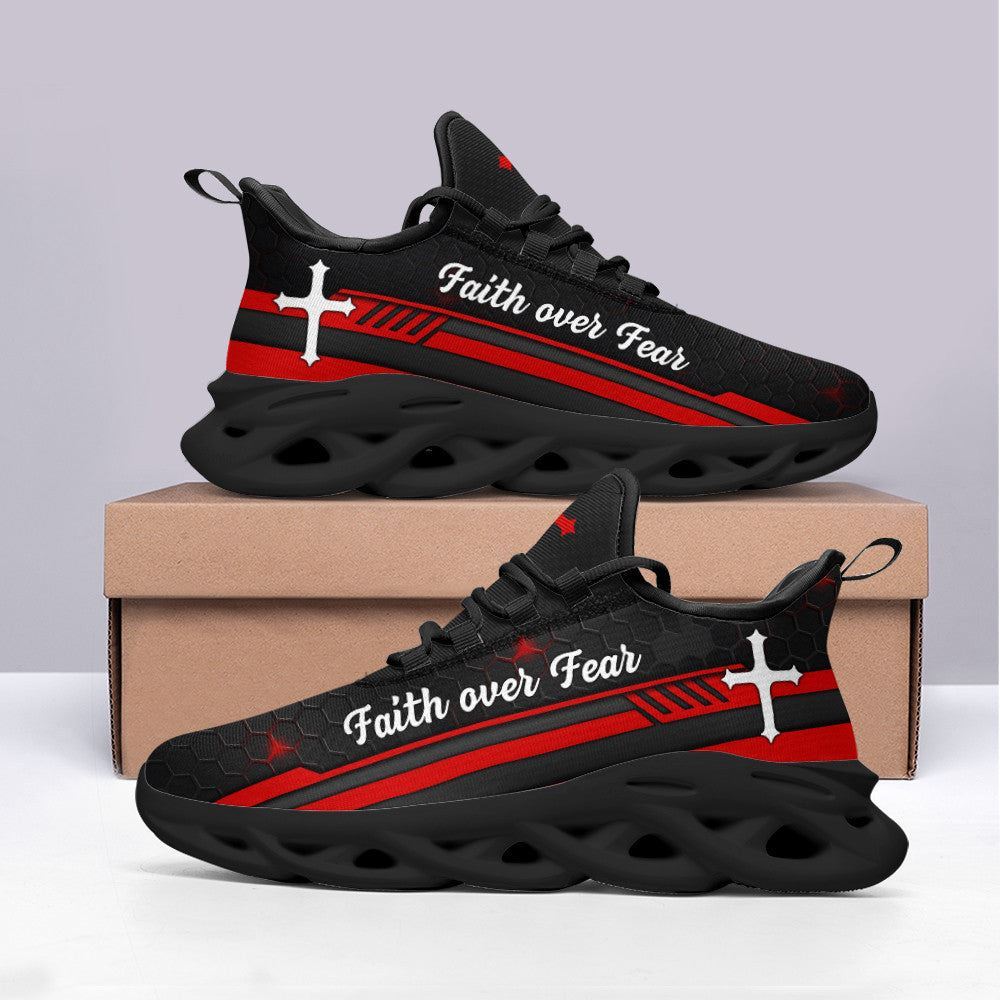 Christian Best Running Shoes, Jesus Red Black Faith Over Fear Running Sneakers Max Soul Shoes For Men And Women, Jesus Fashion Shoes