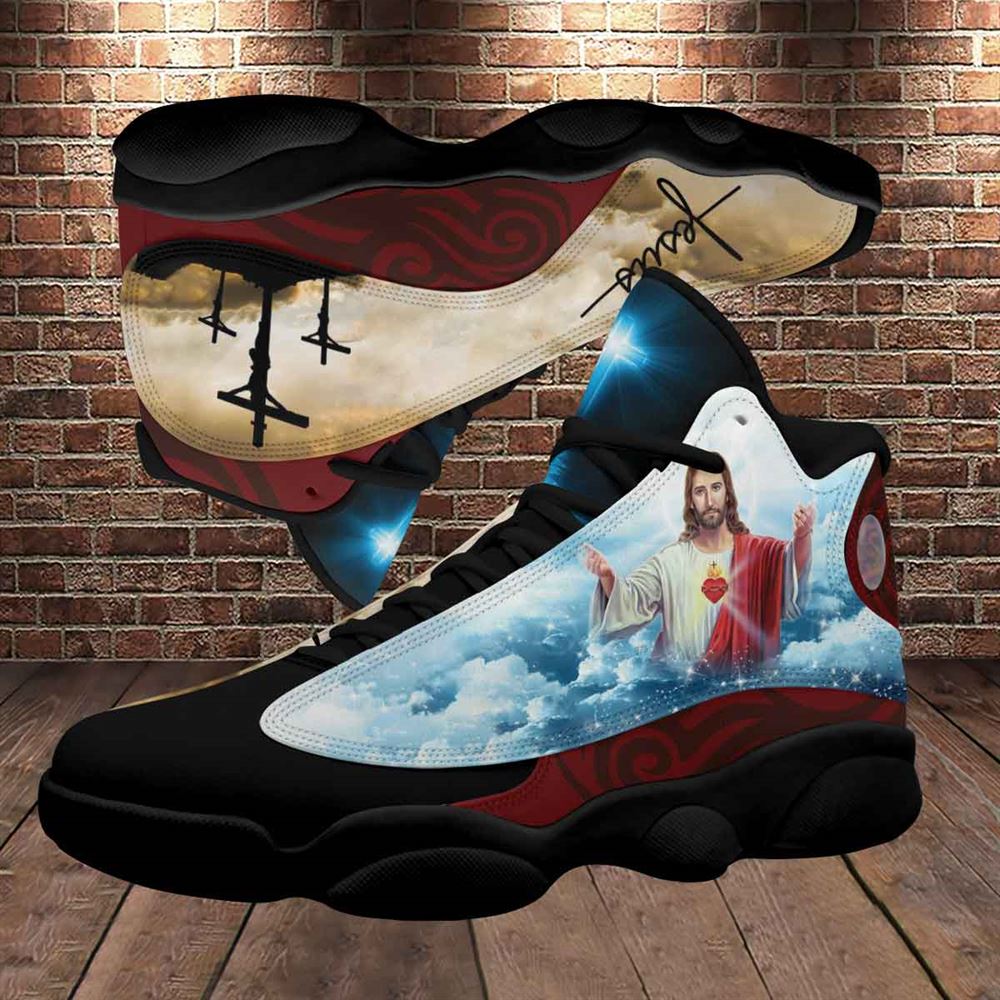 Cross Jesus Portrait Art With Heart Jd13 Shoes For Man And Women, Christian Basketball Shoes, Gift For Christian, God Shoes