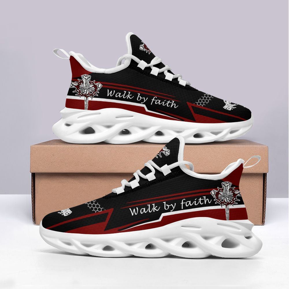 Christian Best Running Shoes, Jesus Walk By Faith Red Black Running Shoes Max Soul Shoes For Men And Women, Jesus Fashion Shoes