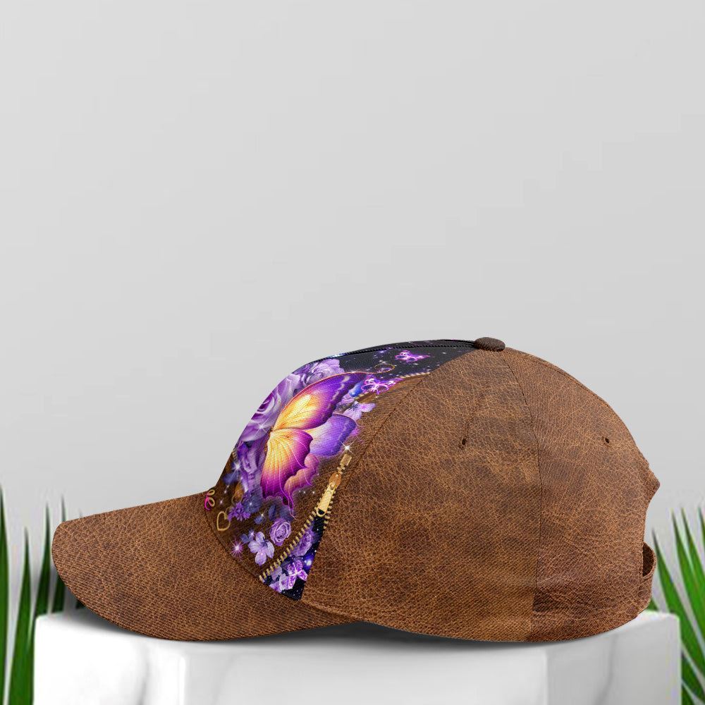 Faith Hope Love Magical Butterfly Purple Roses Leather Style All Over Print Baseball Cap, God Cap, Gift Ideas For Male