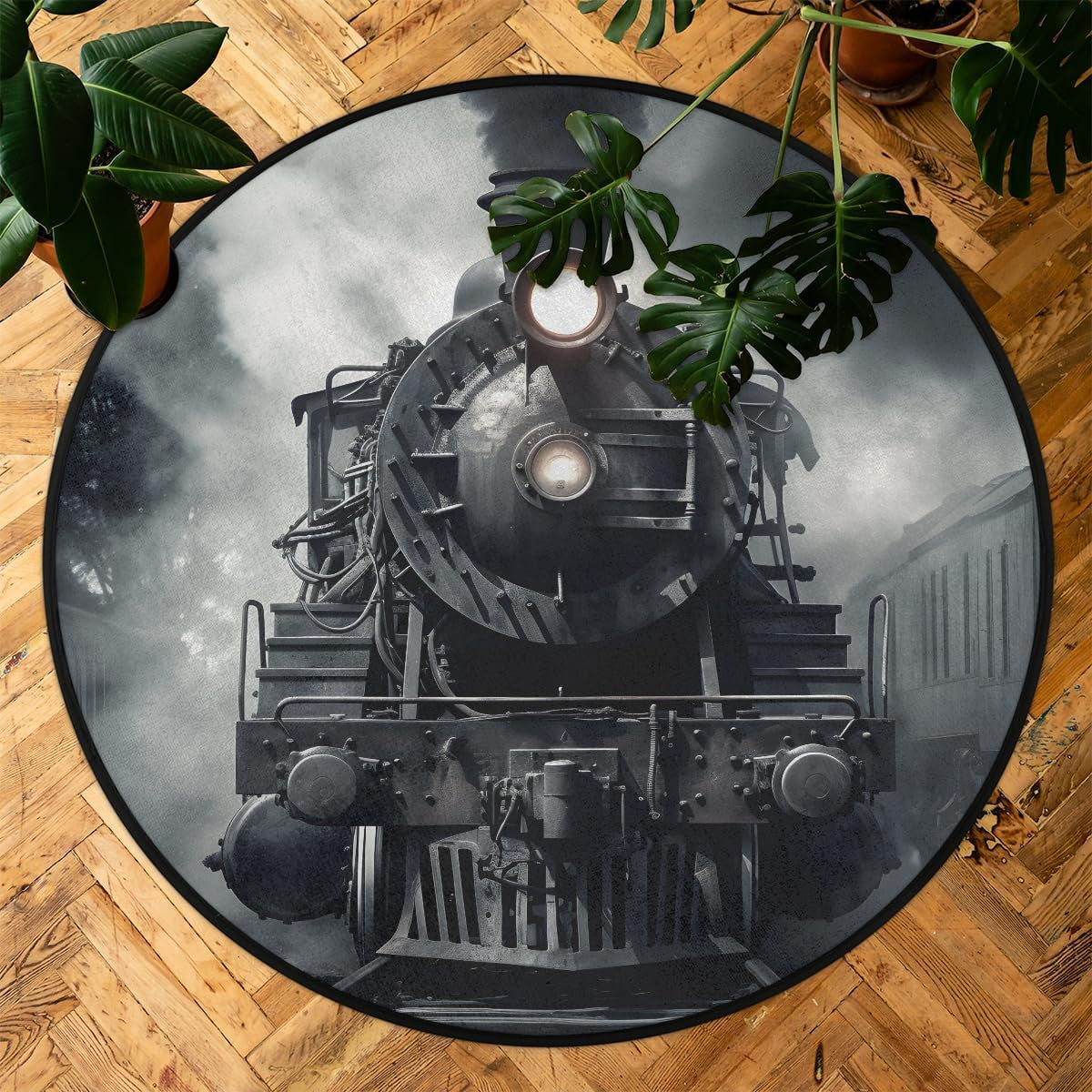 Vintage Locomotive Train Black Printed Round Mat