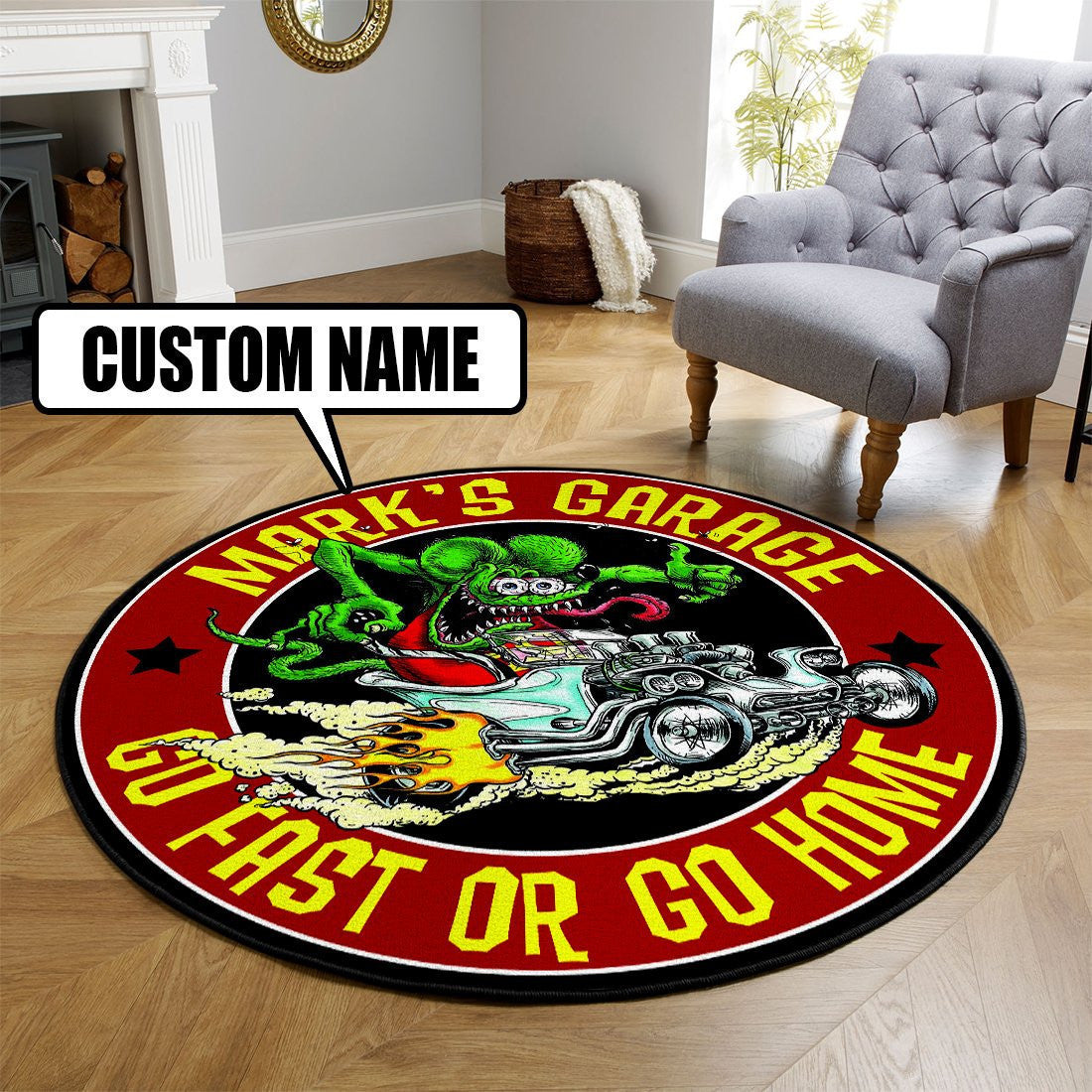 Personalized Hot Rod Garage Go Fast Or Go Home Round Mat Round Floor Mat Room Rugs Carpet Outdoor Rug Washable Rugs