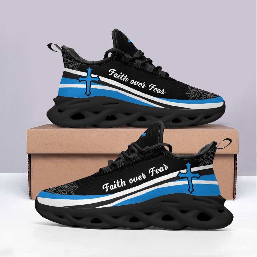 Christian Best Running Shoes, Jesus Faith Over Fear Running Sneakers Blue And White Max Soul Shoes For Men And Women, Jesus Fashion Shoes