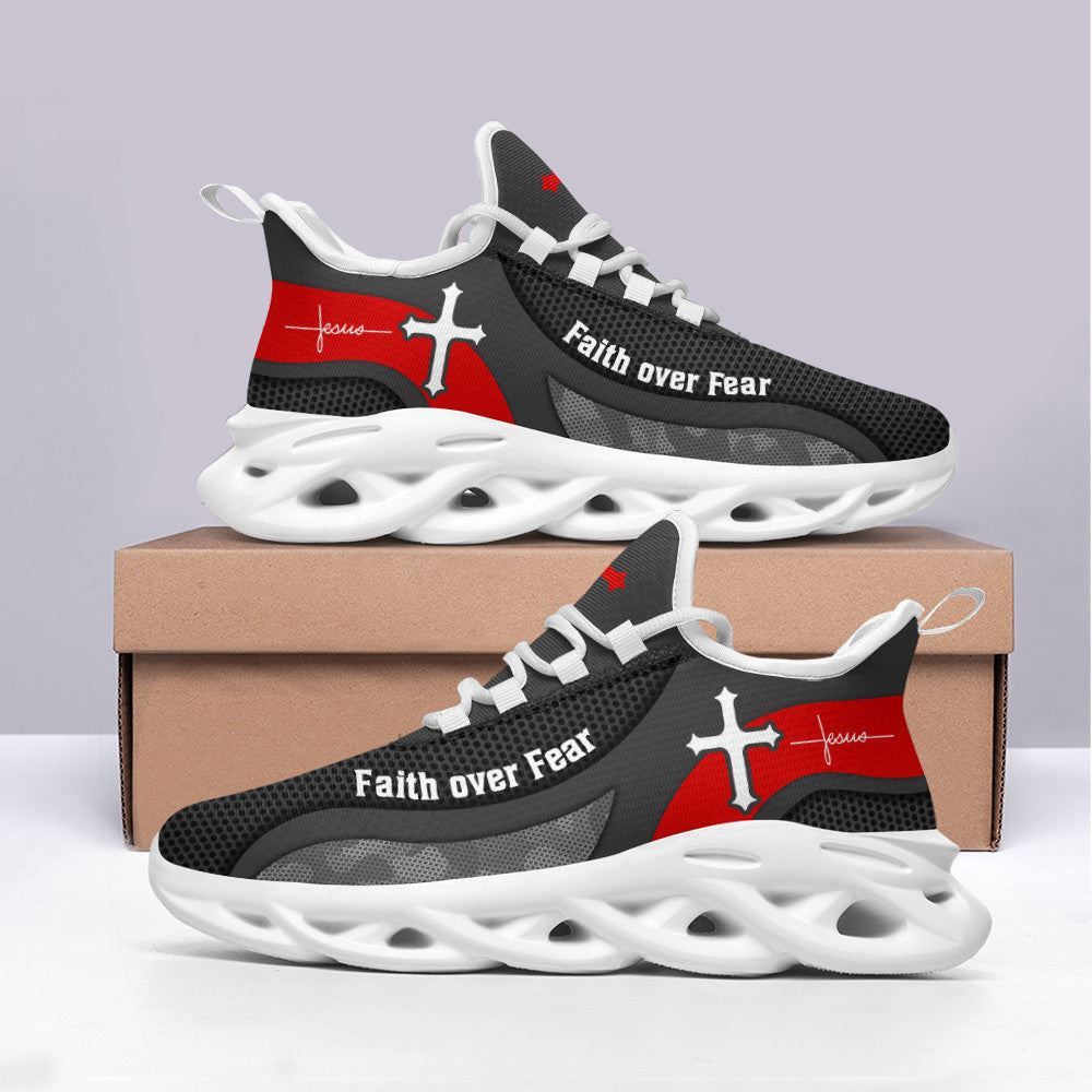 Christian Best Running Shoes, Jesus Faith Over Fear Running Sneakers Grey Max Soul Shoes For Men And Women, Jesus Fashion Shoes