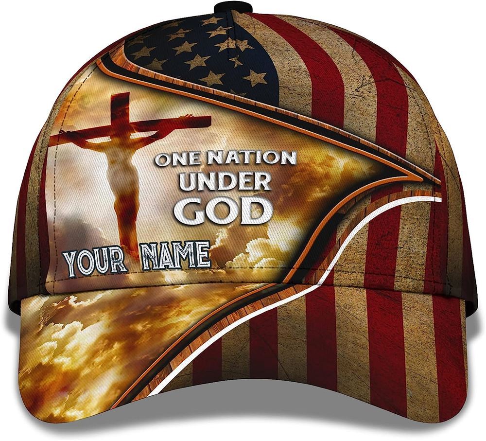 Cross One Nation Under God American Flag All Over Print Baseball Cap, God Cap, Gift Ideas For Male