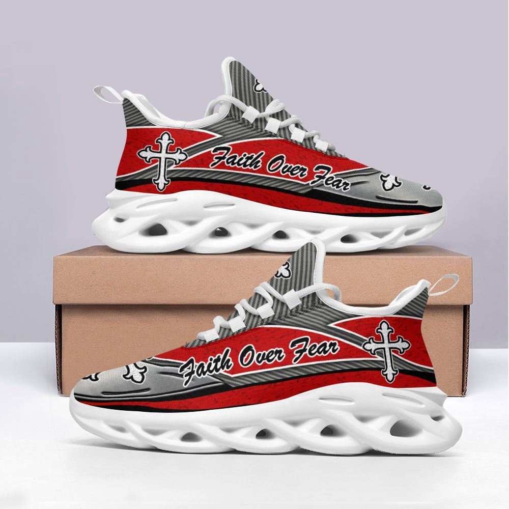 Christian Best Running Shoes, Jesus Faith Over Fear Red And Black Running Sneakers Max Soul Shoes For Men And Women, Jesus Fashion Shoes