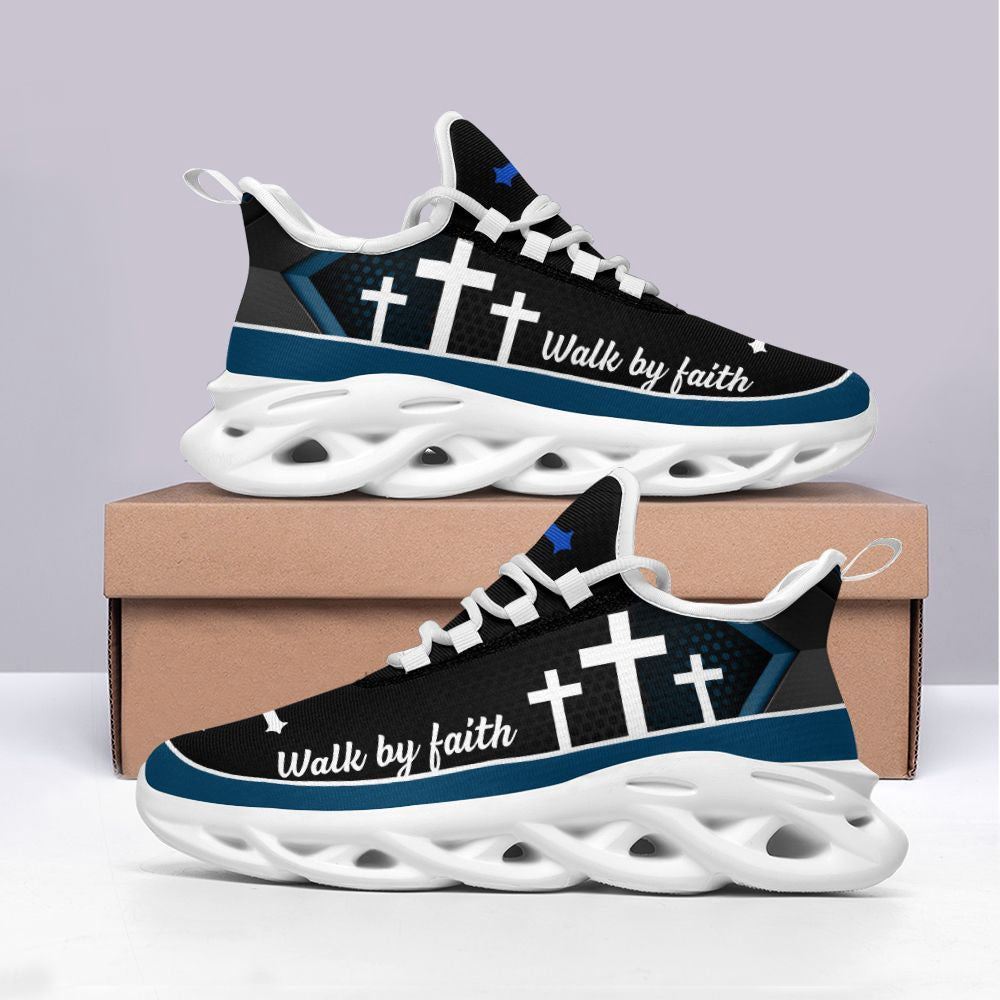 Christian Best Running Shoes, Jesus Walk By Faith Running Sneakers Christ Blue Max Soul Shoes For Men And Women, Jesus Fashion Shoes