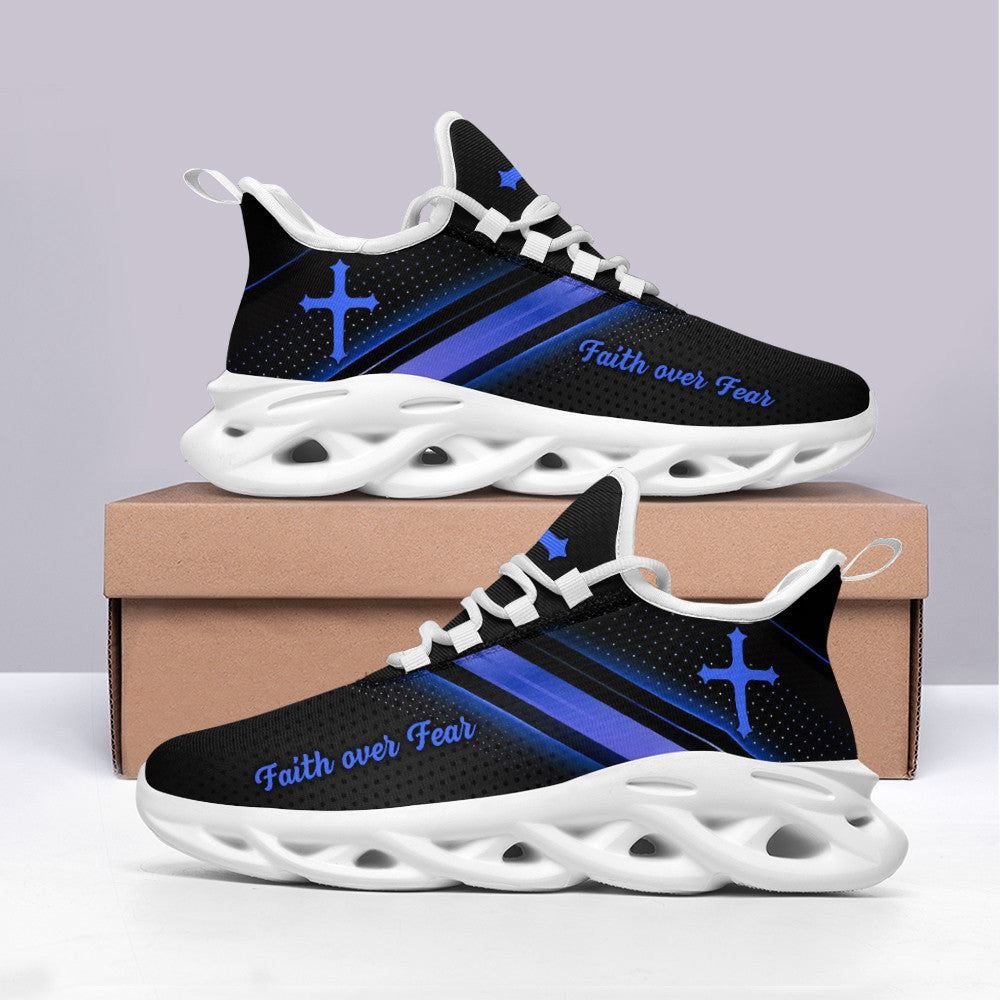 Christian Best Running Shoes, Jesus Black Blue Faith Over Fear Running Sneakers Max Soul Shoes For Men And Women, Jesus Fashion Shoes