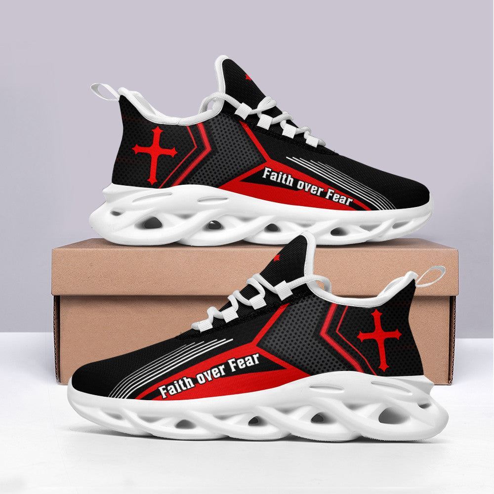 Christian Best Running Shoes, Jesus Faith Over Fear Running Sneakers Red Max Soul Shoes For Men And Women, Jesus Fashion Shoes