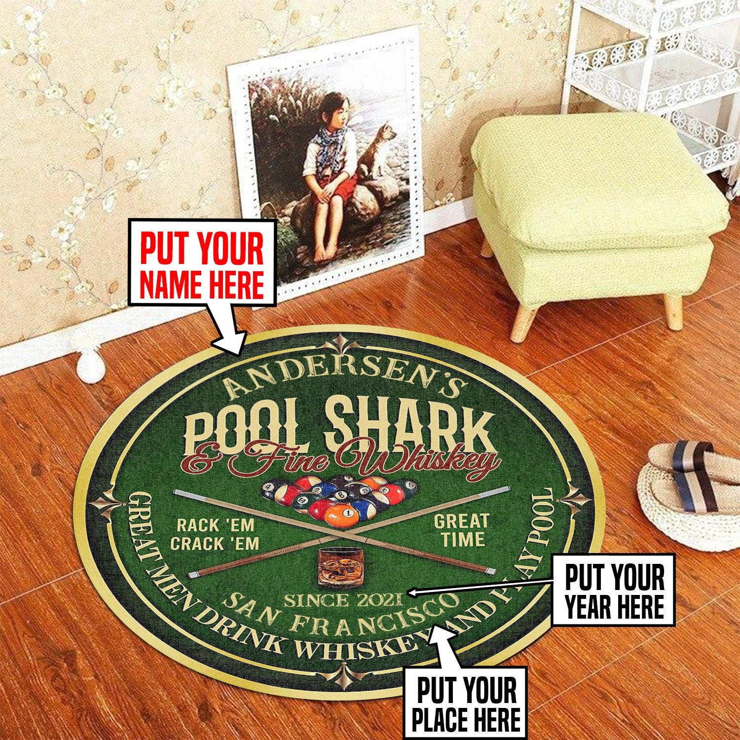 Personalized Pool Shark And Whiskey Billiard Room Round Mat Round Floor Mat Room Rugs Carpet Outdoor Rug Washable Rugs