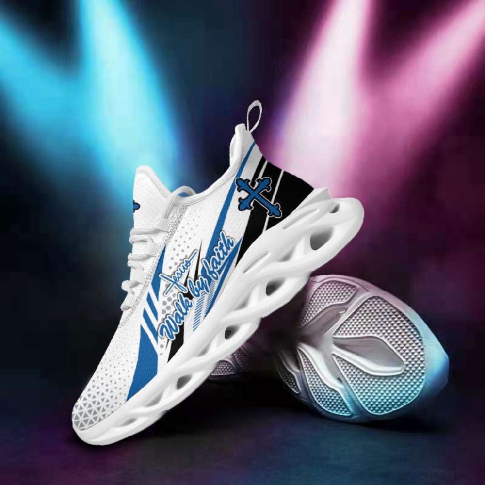 Christian Best Running Shoes, Jesus Walk By Faith Blue Running Sneakers Max Soul Shoes For Men And Women, Jesus Fashion Shoes