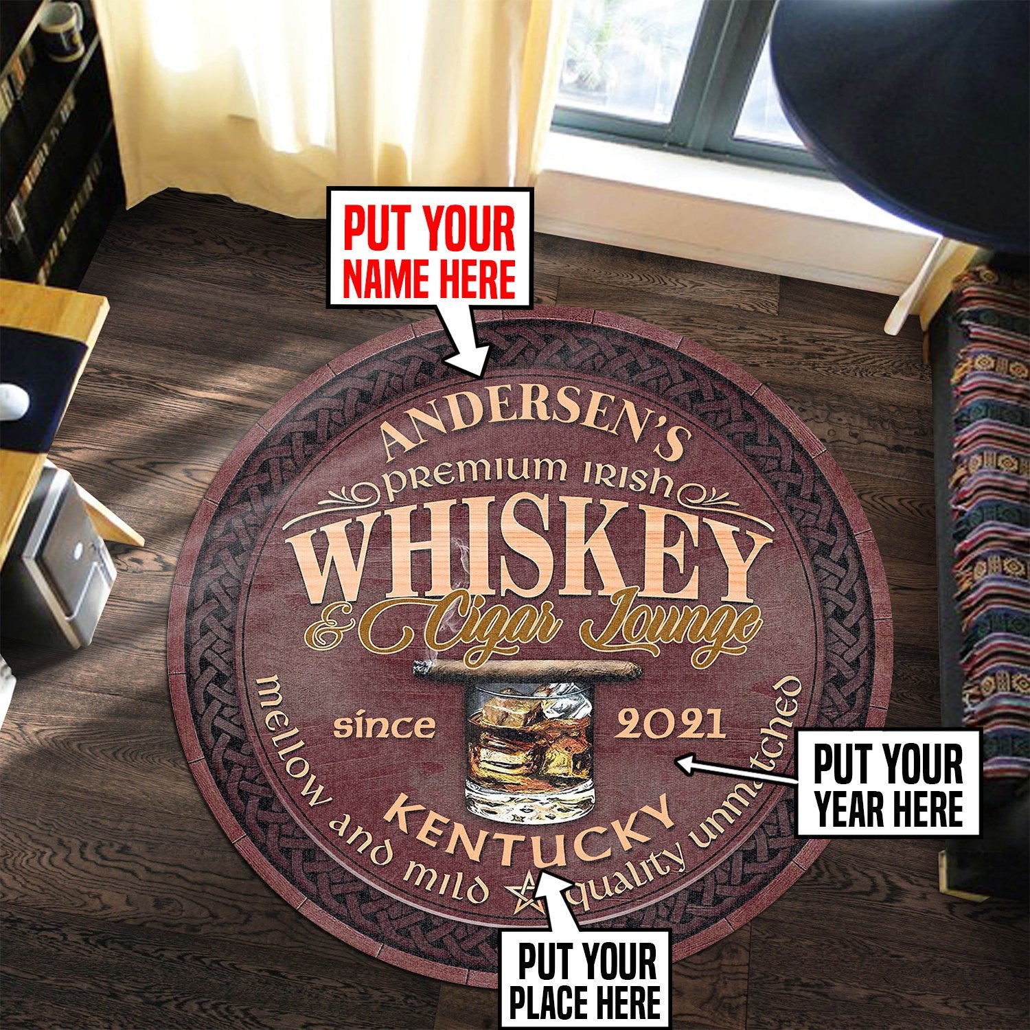 Personalized Whiskey Cigar Lounge Round Mat Round Floor Mat Room Rugs Carpet Outdoor Rug Washable Rugs