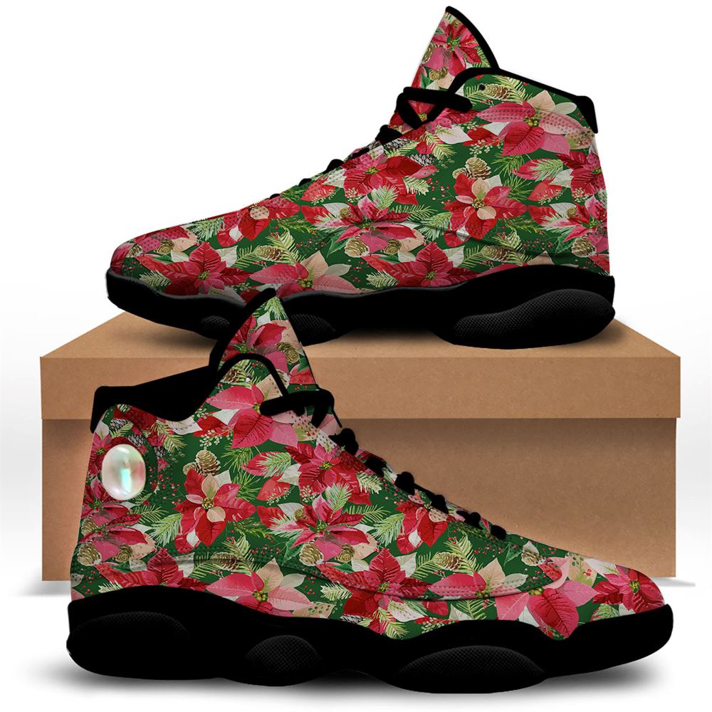 Christmas Basketball Shoes, Poinsettia Christmas Vintage Print Pattern Jd13 Shoes For Men Women, Christmas Fashion Shoes