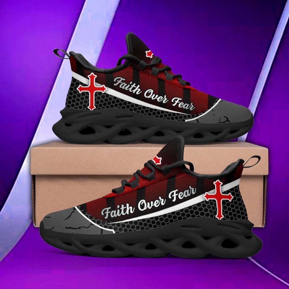 Christian Best Running Shoes, Jesus Faith Over Fear Red Black Running Sneakers Max Soul Shoes For Men And Women, Jesus Fashion Shoes