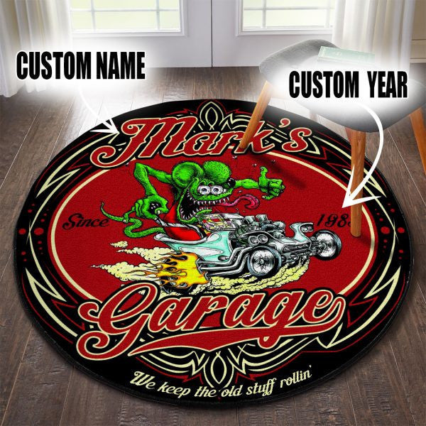 Personalized Hot Rod Garage We Keep The Old Stuff Rolling Round Mat Round Floor Mat Room Rugs Carpet Outdoor Rug Washable Rugs