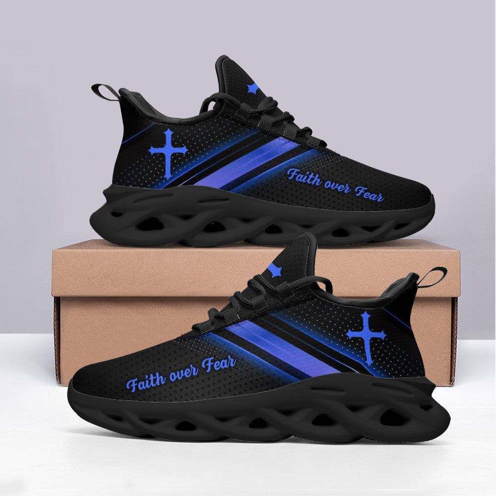 Christian Best Running Shoes, Jesus Black Blue Faith Over Fear Running Sneakers Max Soul Shoes For Men And Women, Jesus Fashion Shoes