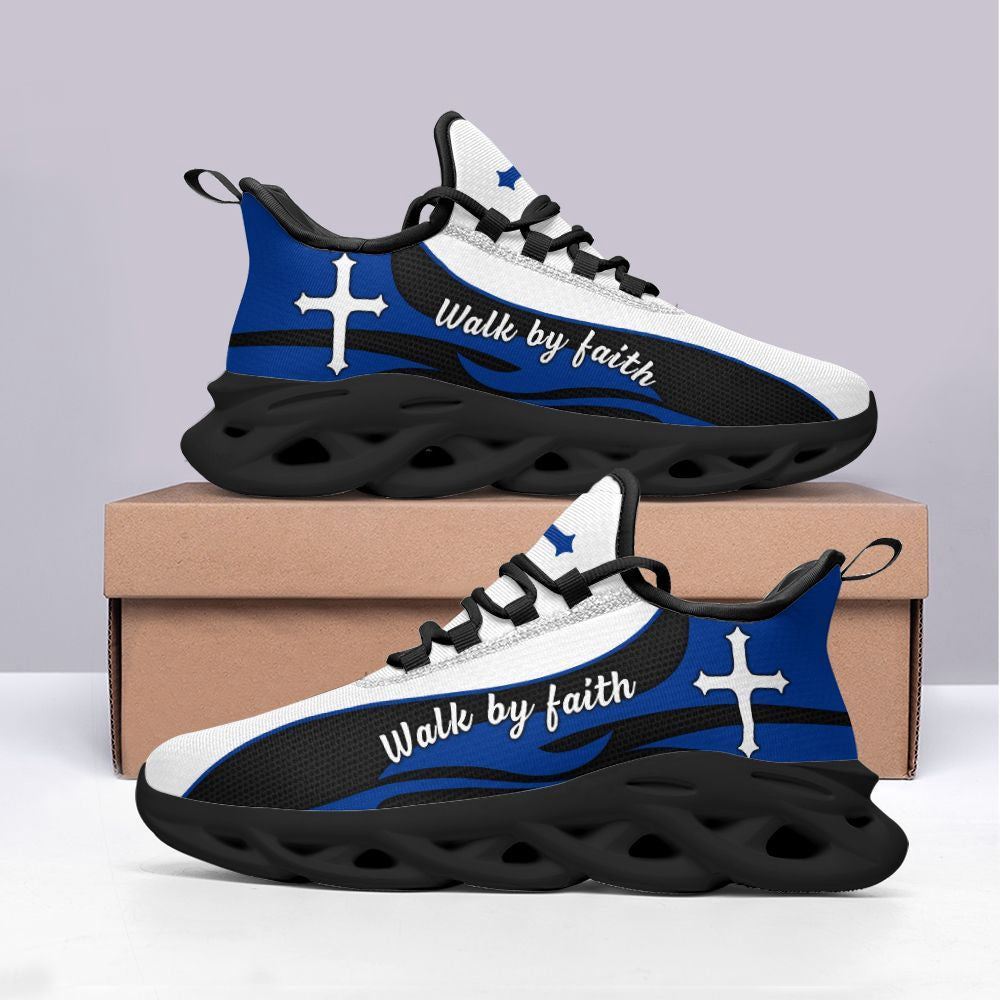 Christian Best Running Shoes, Blue Jesus Walk By Faith Running Christ Sneakers Max Soul Shoes For Men And Women, Jesus Fashion Shoes