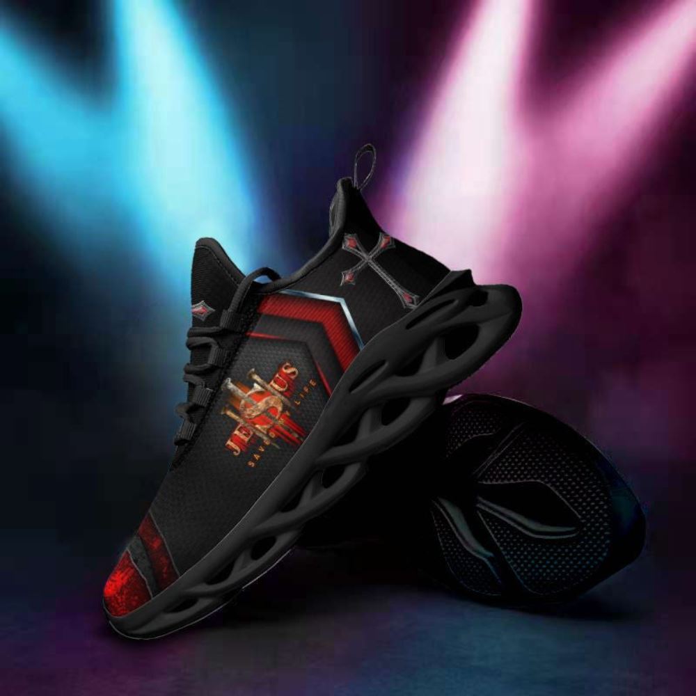 Christian Best Running Shoes, Jesus Saved My Life Running Sneakers Black Red Max Soul Shoes For Men And Women, Jesus Fashion Shoes