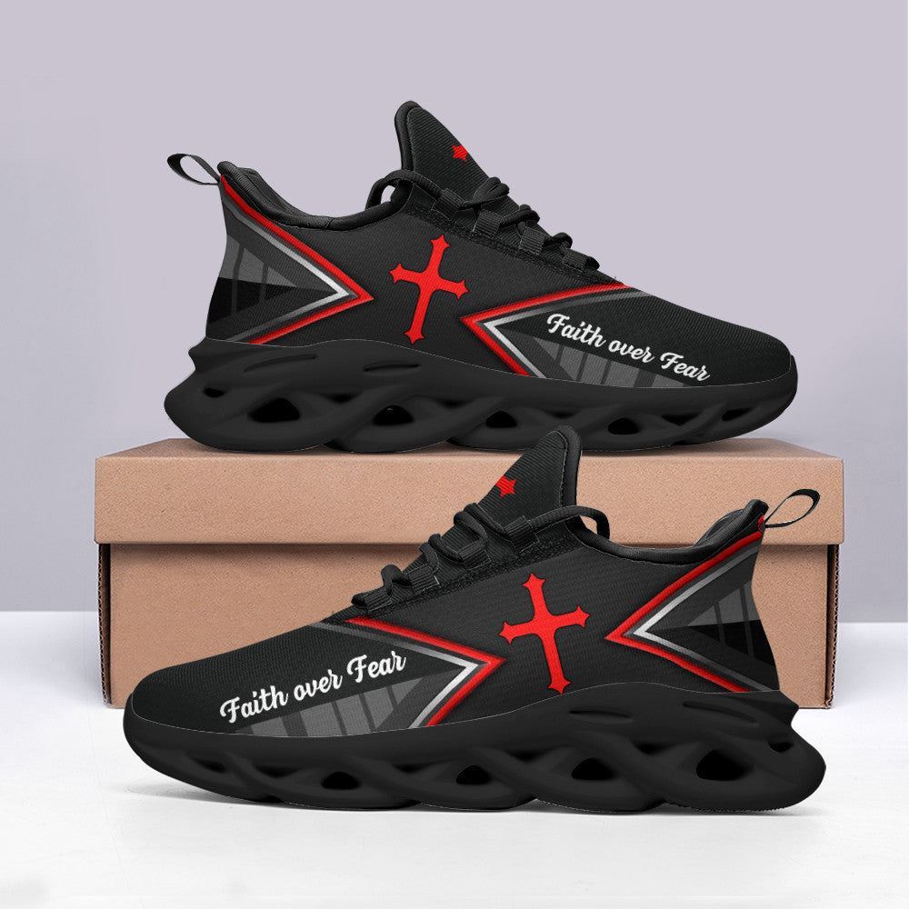 Christian Best Running Shoes, Jesus Faith Over Black Red Fear Running Sneakers Max Soul Shoes For Men And Women, Jesus Fashion Shoes