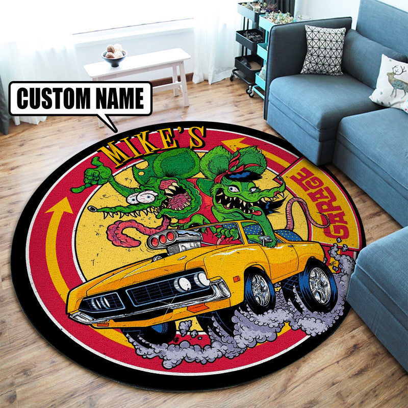 Personalized Hot Rod Garage Garage Decor, Home Bar Decor Speed Shop Round Mat