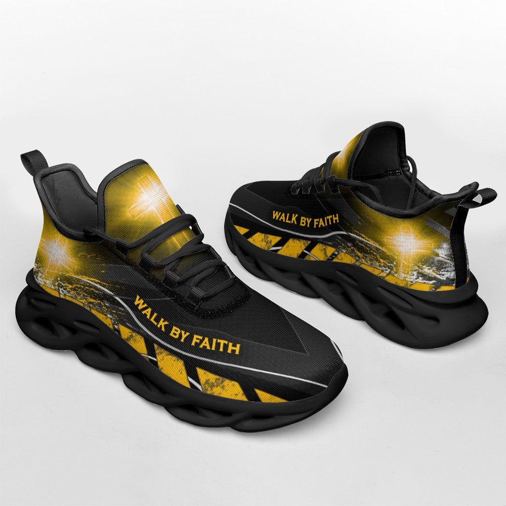 Christian Best Running Shoes, Jesus Walk By Faith Running Sneakers Yellow Max Soul Shoes For Men And Women, Jesus Fashion Shoes