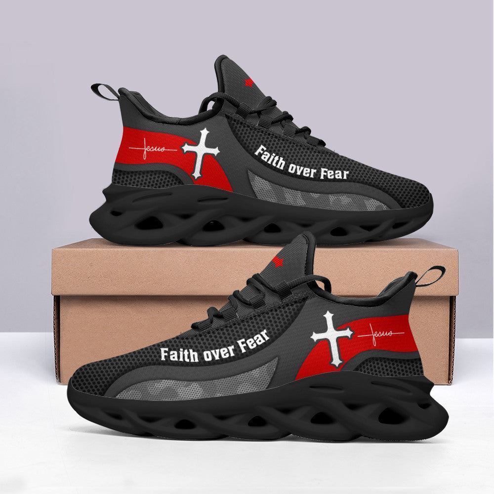 Christian Best Running Shoes, Jesus Faith Over Fear Running Sneakers Grey Max Soul Shoes For Men And Women, Jesus Fashion Shoes