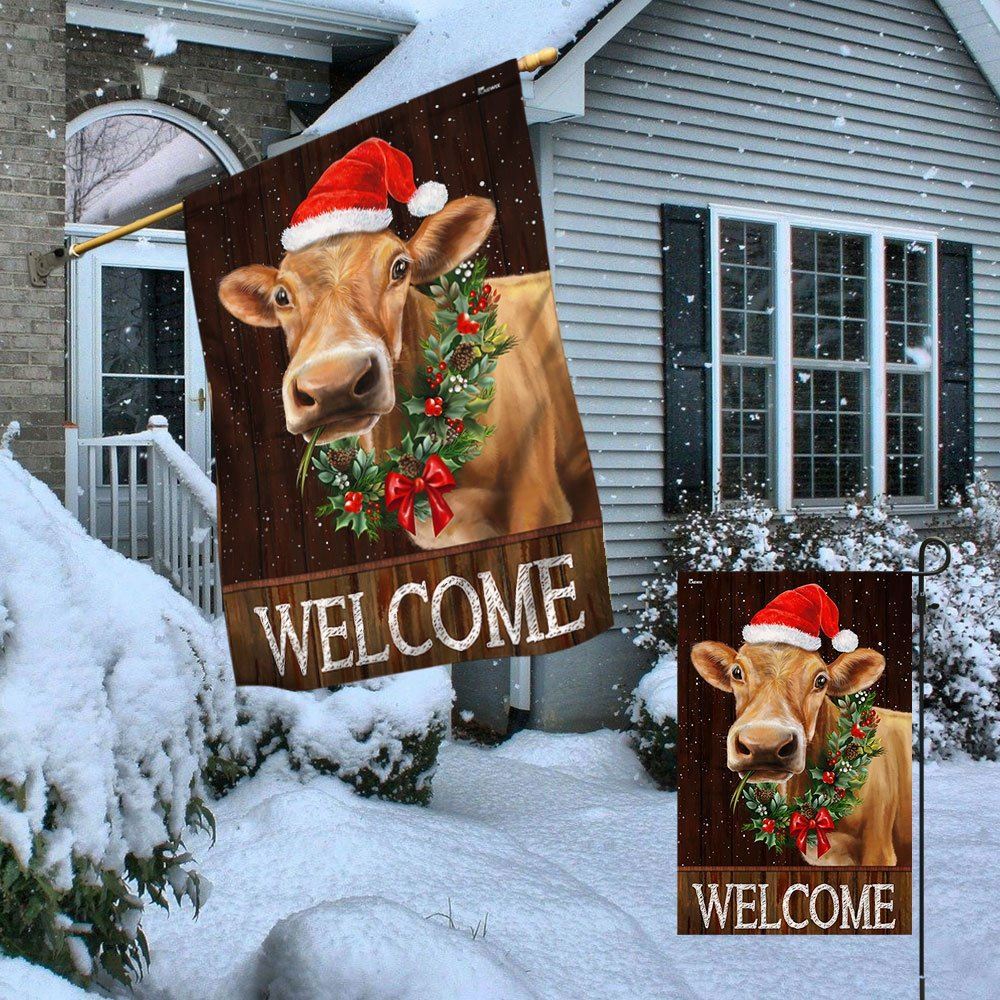 Welcome Farm Funny Cow Cattle Christmas Flag, Christmas Garden Flag, Home Decor Accessories, Christmas Outdoor Decor Ideas