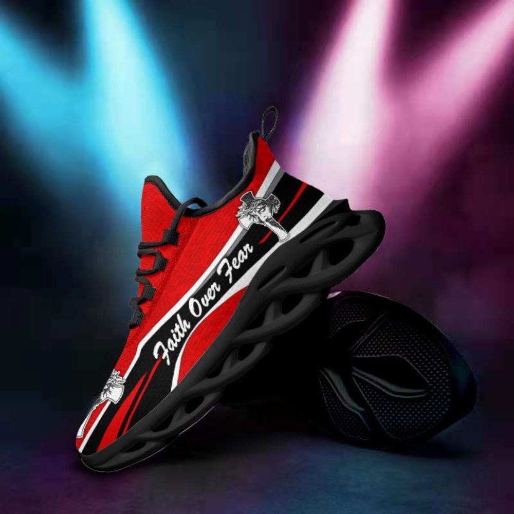 Christian Best Running Shoes, Jesus Faith Over Fear Running Sneakers Black Red Max Soul Shoes For Men And Women, Jesus Fashion Shoes