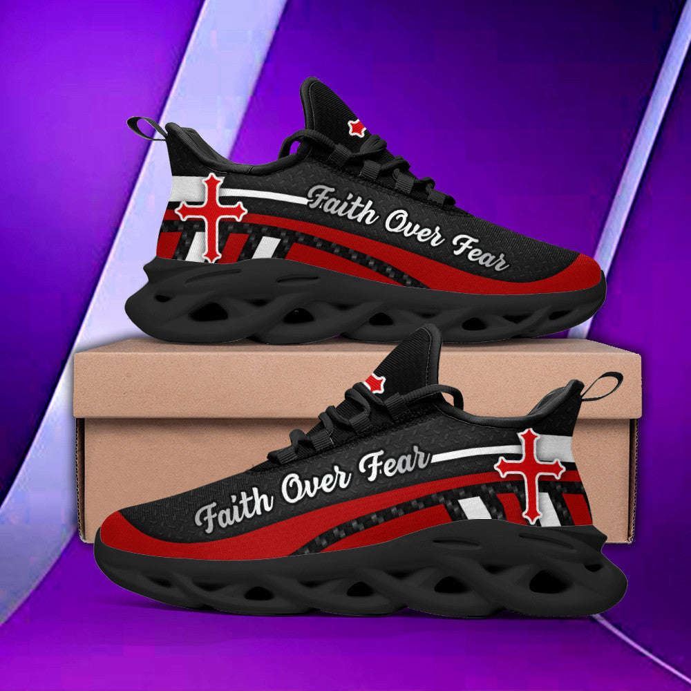 Christian Best Running Shoes, Red Black Jesus Faith Over Fear Running Sneakers Max Soul Shoes For Men And Women, Jesus Fashion Shoes