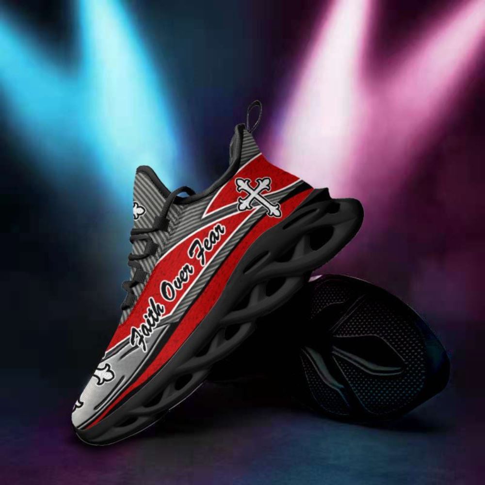 Christian Best Running Shoes, Jesus Faith Over Fear Red And Black Running Sneakers Max Soul Shoes For Men And Women, Jesus Fashion Shoes