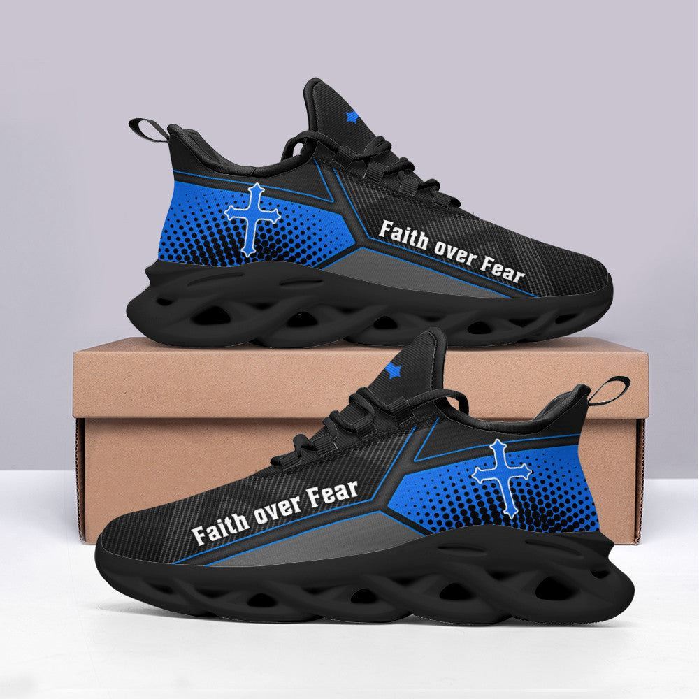 Christian Best Running Shoes, Jesus Faith Over Fear Blue Black Running Sneakers Max Soul Shoes For Men And Women, Jesus Fashion Shoes