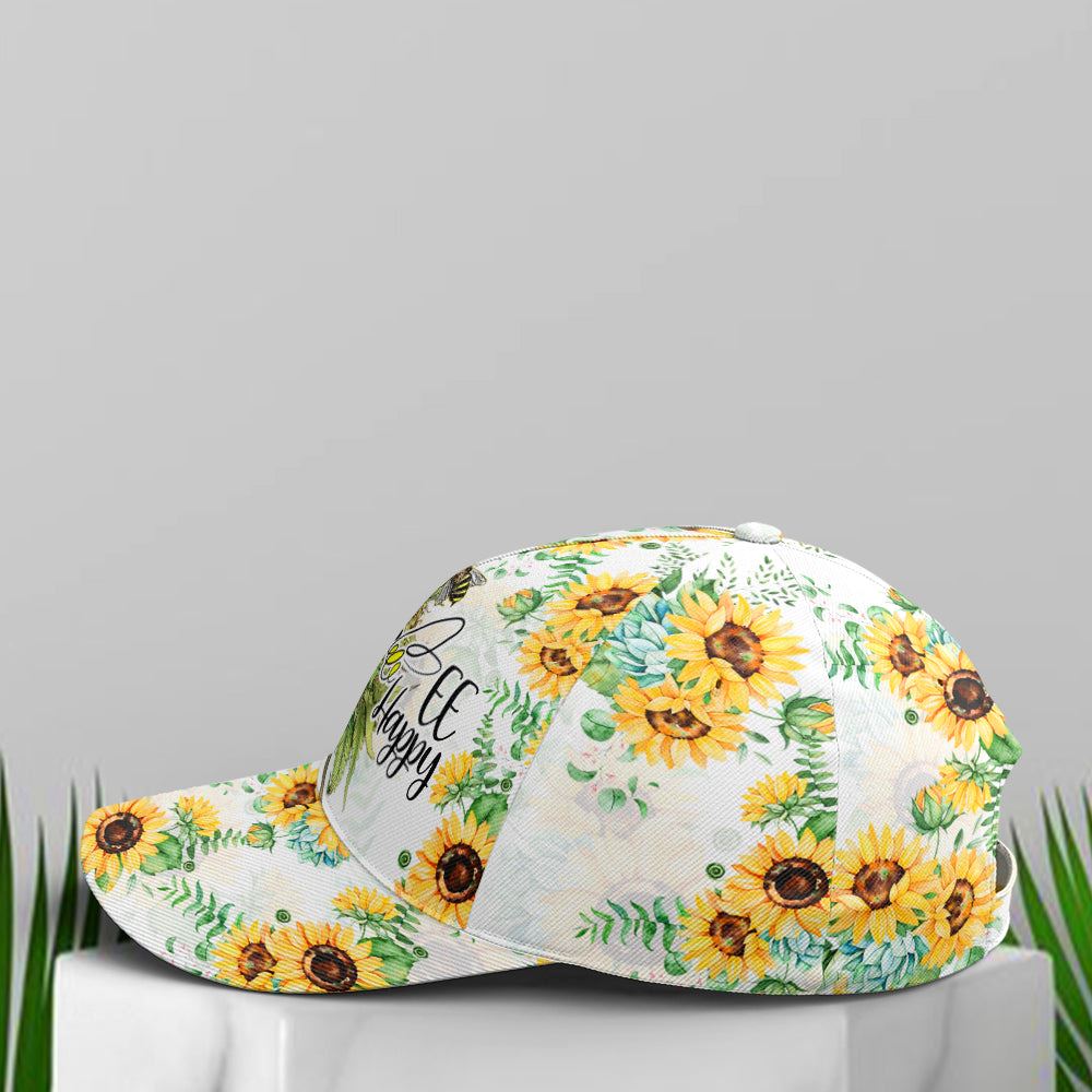 Bee happy Sunflower Pattern Baseball Cap, Christian Baseball Cap, Religious Cap, Jesus Gift, Jesus Hat