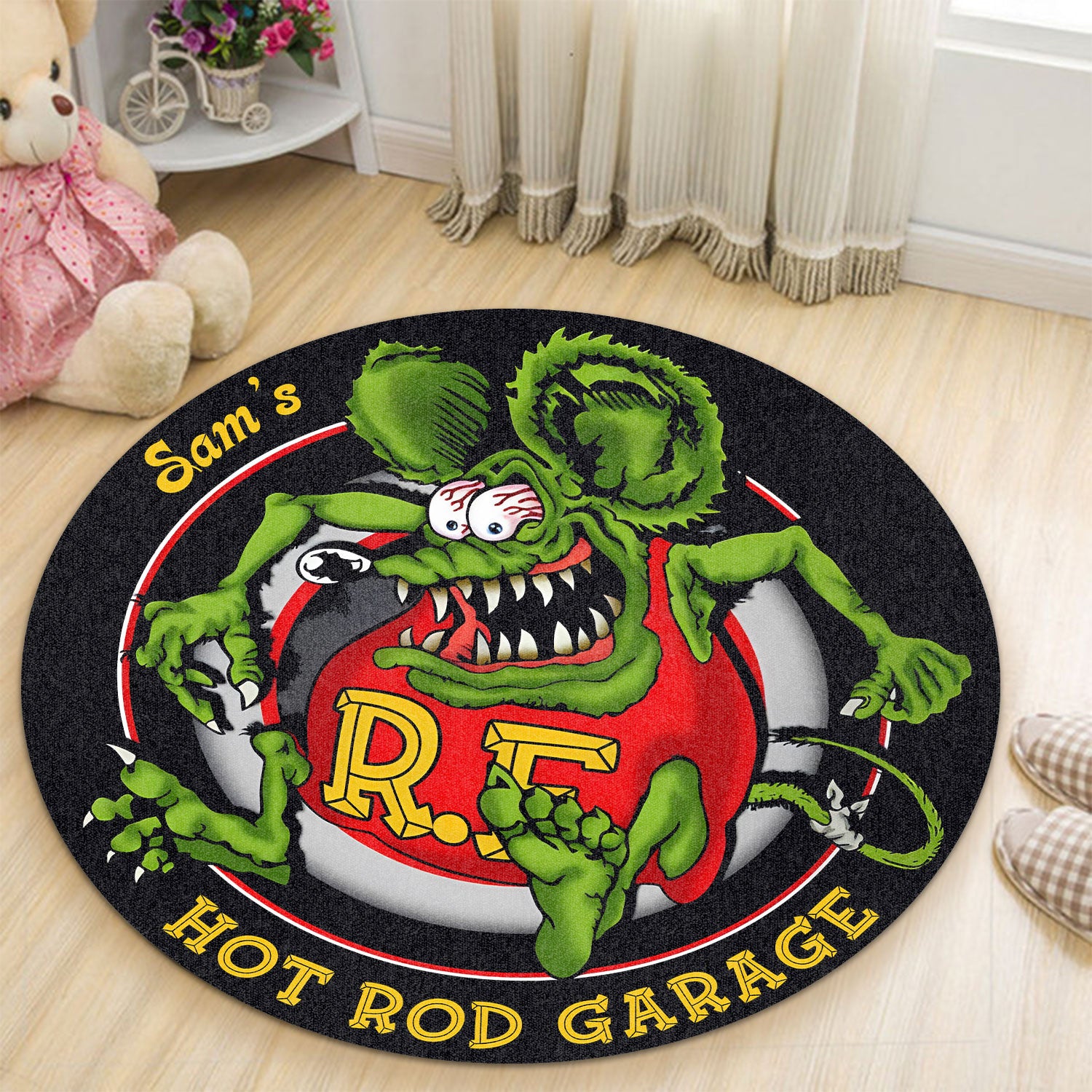 Personalized Hot Rod Garage Round Mat