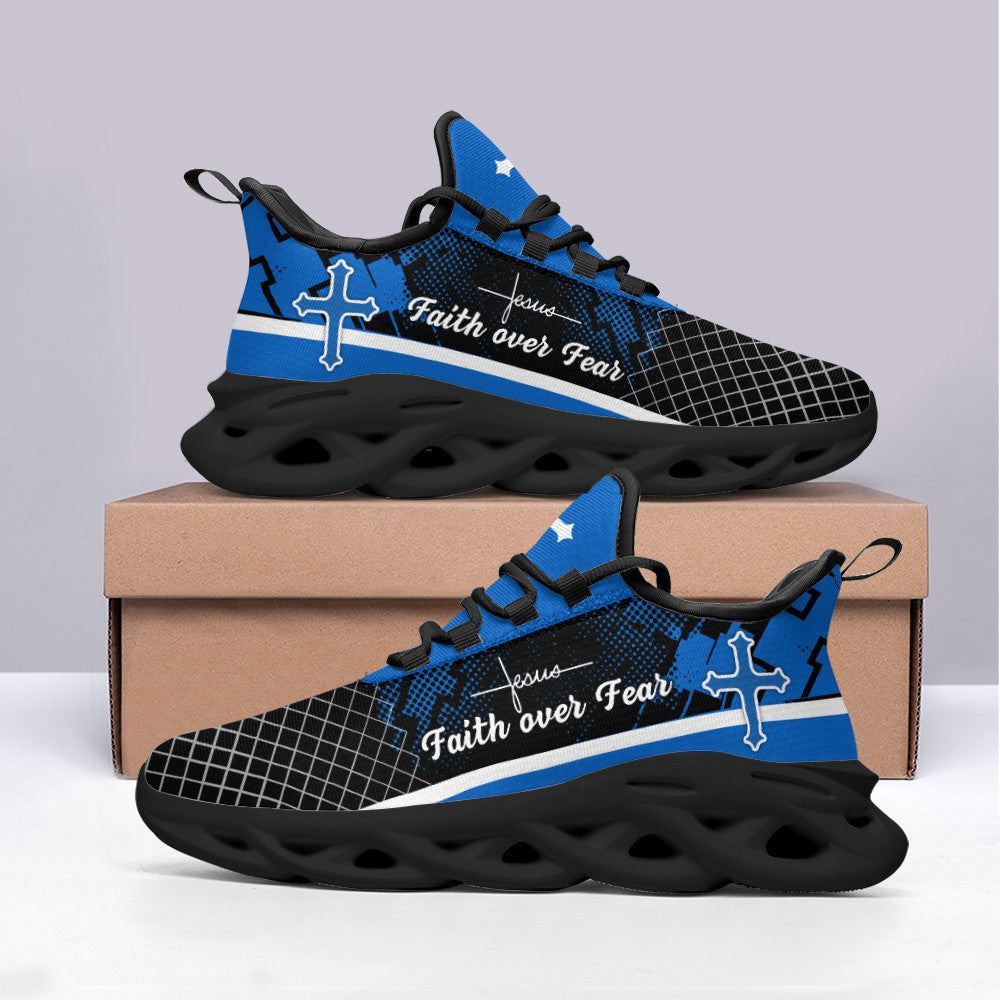 Christian Best Running Shoes, Jesus Blue Faith Over Fear Running Sneakers Max Soul Shoes For Men And Women, Jesus Fashion Shoes