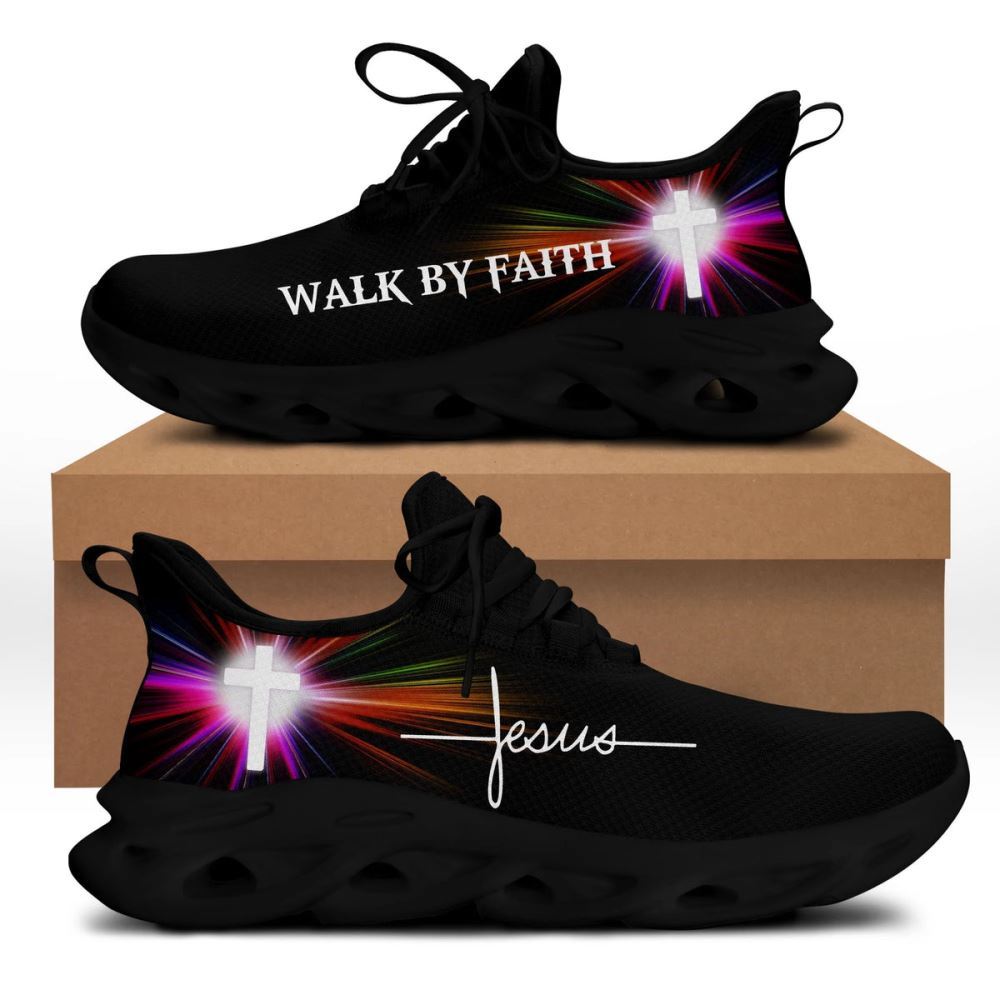 Christian Best Running Shoes, Jesus Walk By Faith Running Sneakers White Black Art Max Soul Shoes For Men And Women, Jesus Fashion Shoes