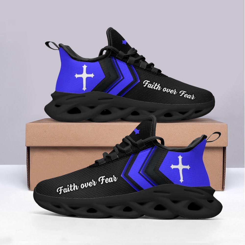 Christian Best Running Shoes, Jesus Faith Over Fear Running Sneakers Blue Black Max Soul Shoes For Men And Women, Jesus Fashion Shoes