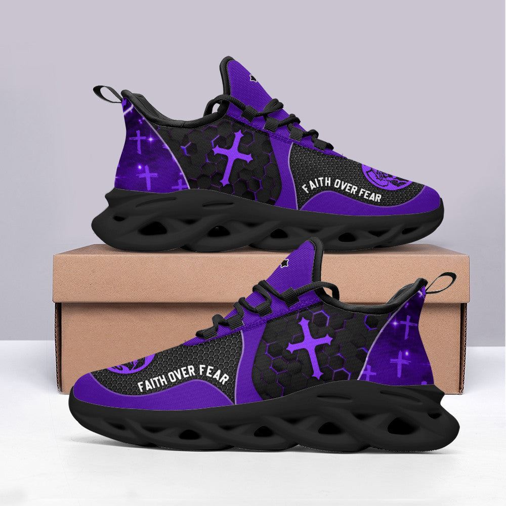 Christian Best Running Shoes, Jesus Faith Over Fear Running Sneakers Purple Max Soul Shoes For Men And Women, Jesus Fashion Shoes