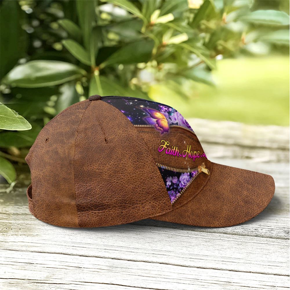 Faith Hope Love Magical Butterfly Purple Roses Leather Style All Over Print Baseball Cap, God Cap, Gift Ideas For Male