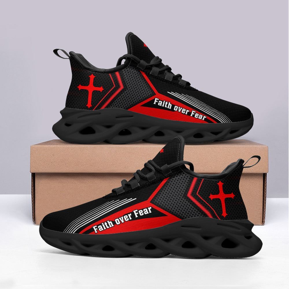 Christian Best Running Shoes, Jesus Faith Over Fear Running Sneakers Red Max Soul Shoes For Men And Women, Jesus Fashion Shoes