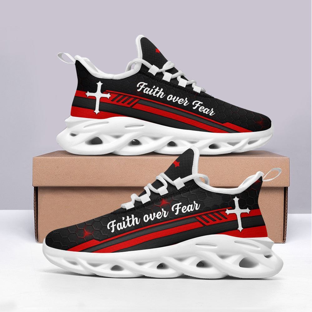 Christian Best Running Shoes, Jesus Red Black Faith Over Fear Running Sneakers Max Soul Shoes For Men And Women, Jesus Fashion Shoes