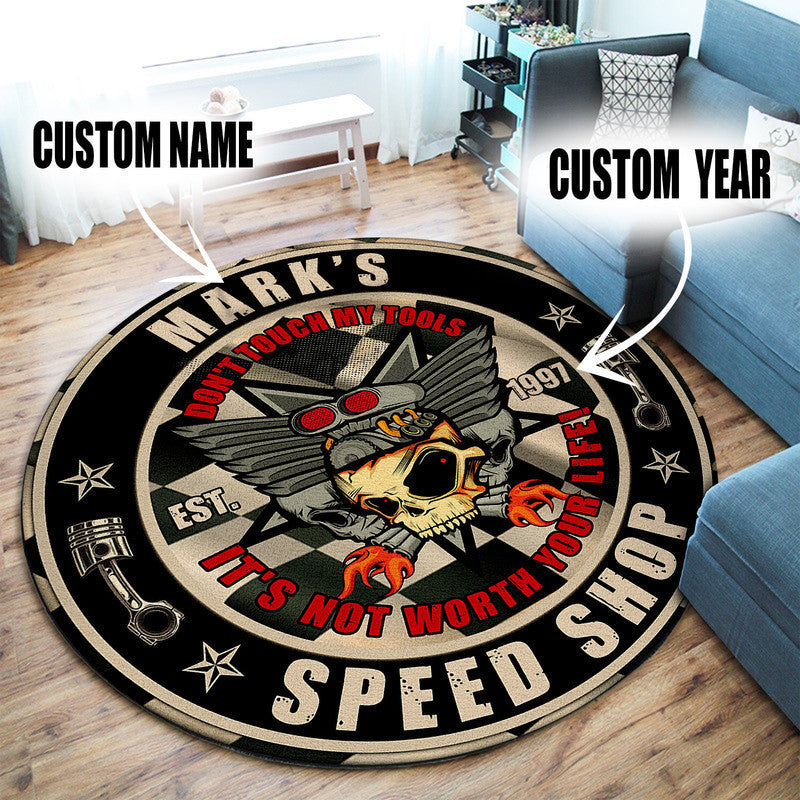 Personalized Speed Shop Garage Decor, Home Bar Decor Hot Rod Round Mat