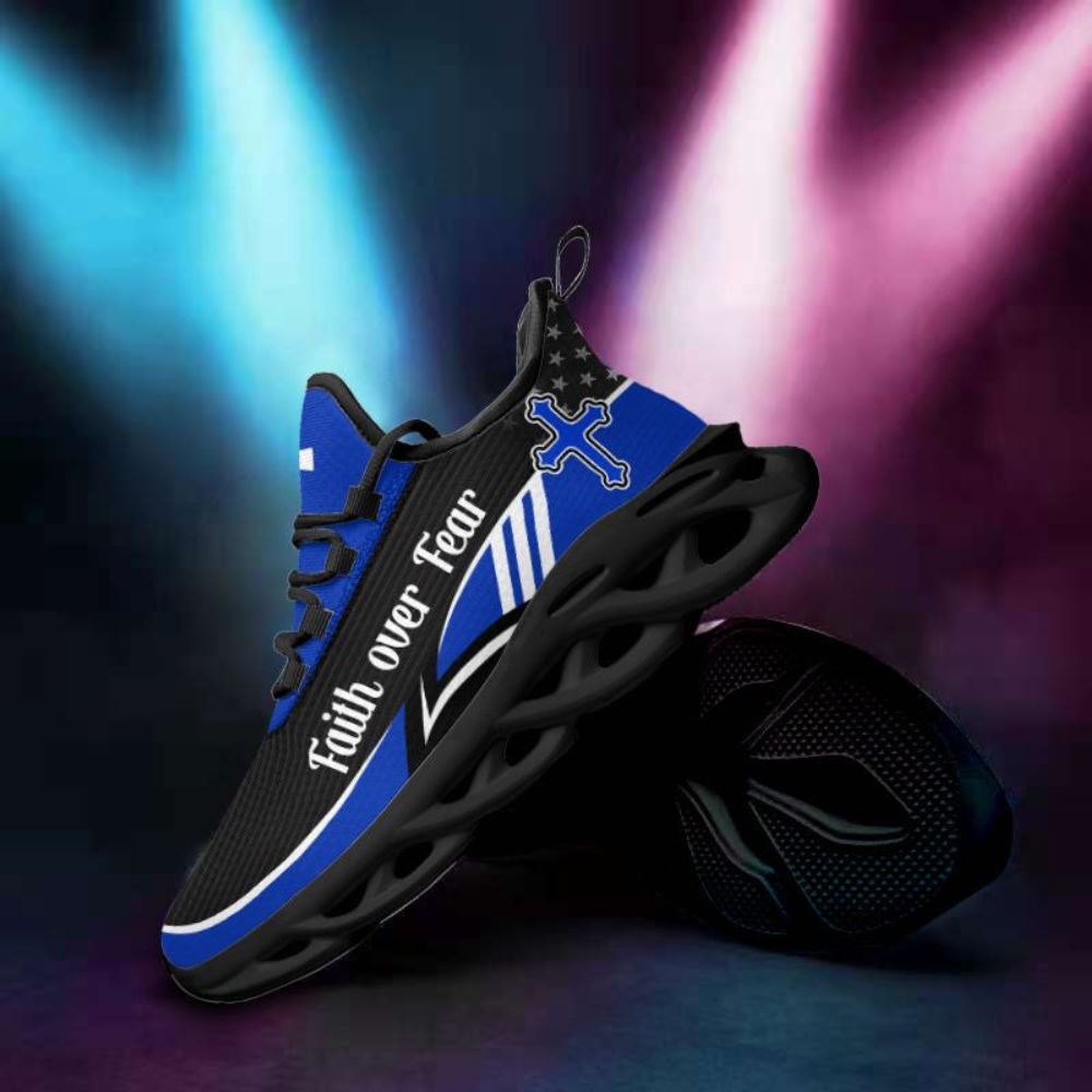 Christian Best Running Shoes, Blue Jesus Faith Over Fear Running Sneakers Max Soul Shoes For Men And Women, Jesus Fashion Shoes