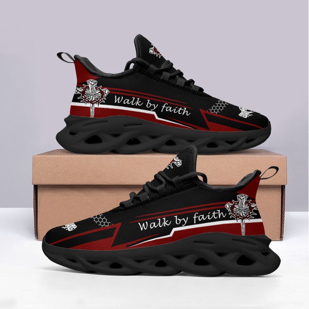 Christian Best Running Shoes, Jesus Walk By Faith Red Black Running Shoes Max Soul Shoes For Men And Women, Jesus Fashion Shoes