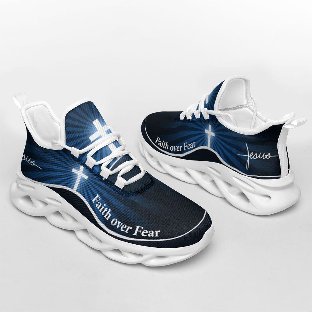 Christian Best Running Shoes, Jesus Faith Over Fear Running Sneakers Blue Max Soul Shoes For Men And Women, Jesus Fashion Shoes