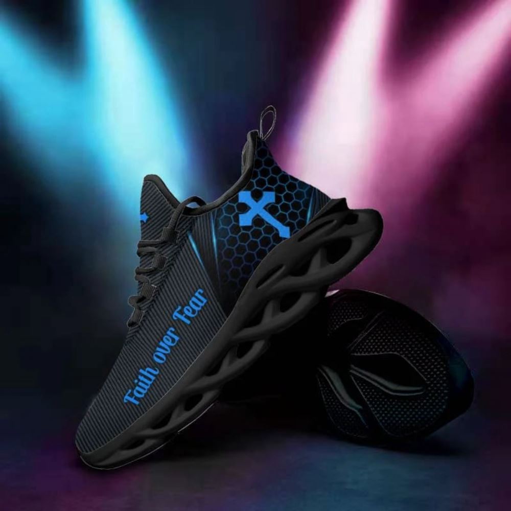 Christian Best Running Shoes, Jesus Faith Over Fear Running Sneakers Black And Blue Max Soul Shoes For Men And Women, Jesus Fashion Shoes