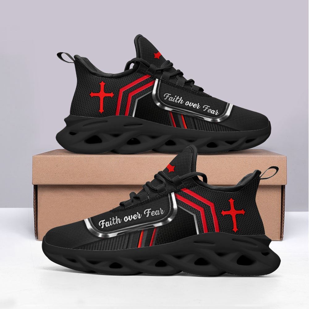 Christian Best Running Shoes, Jesus Faith Over Fear Running Sneakers White And Black Max Soul Shoes For Men And Women, Jesus Fashion Shoes