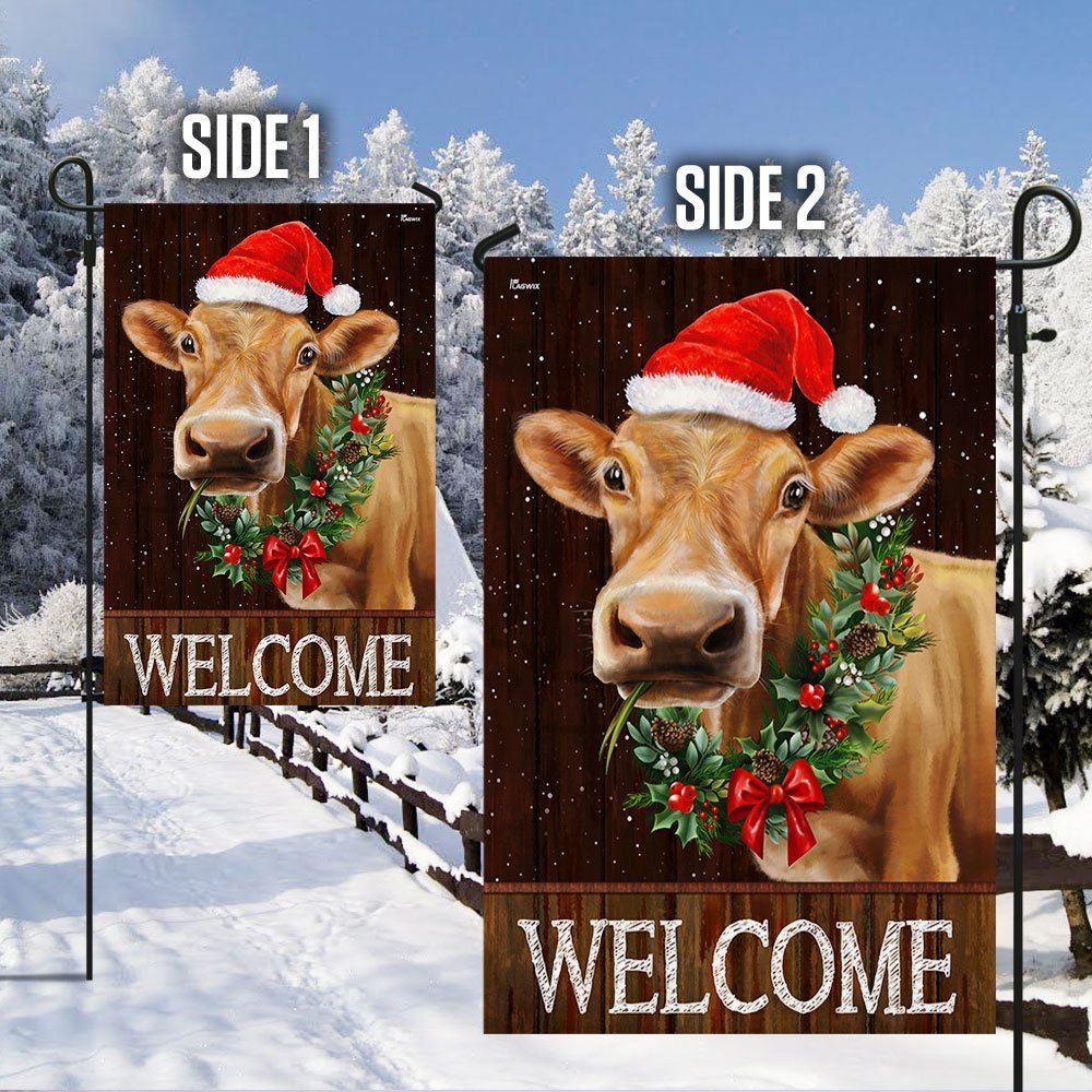 Welcome Farm Funny Cow Cattle Christmas Flag, Christmas Garden Flag, Home Decor Accessories, Christmas Outdoor Decor Ideas